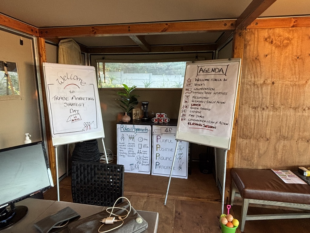 A strategy day room set up with a welcome flip chart, agenda, roles and agreements
